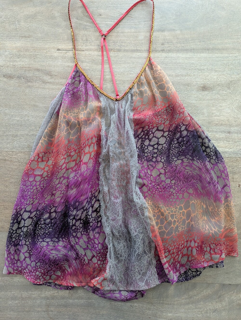 Free People Sheer Multicolor Lace-Trim Tank Top Pink & Purple